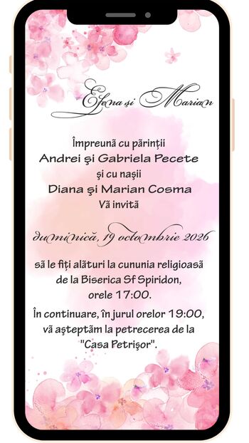 Invitatie nunta digitala florala roz- cod 7706